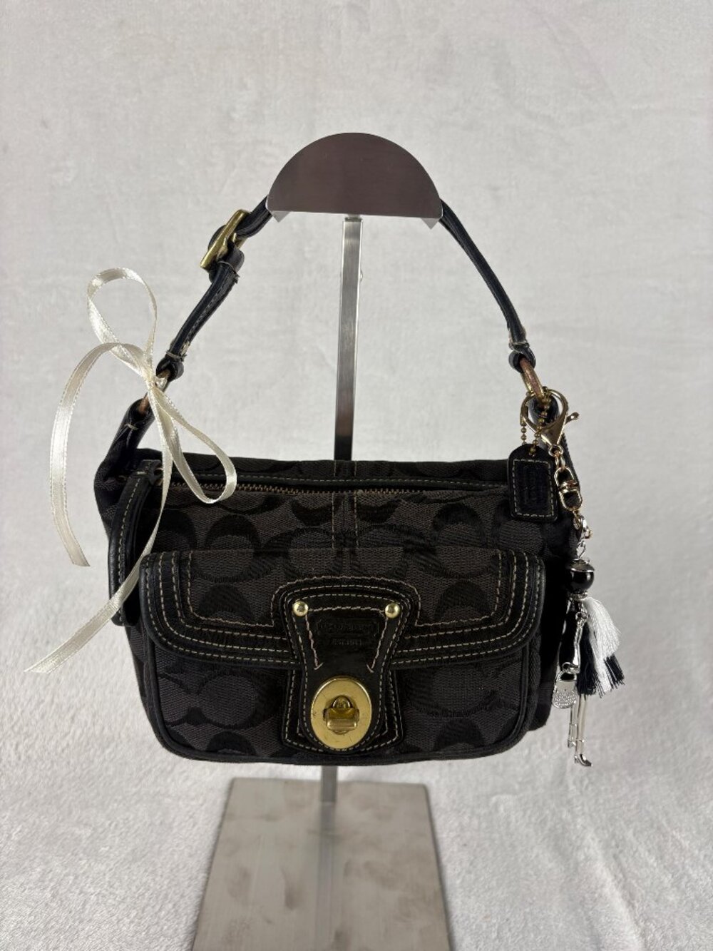 Coach Vintage Legacy Mini Hobo Turnlock Satchel in Black Jacquard with Charm